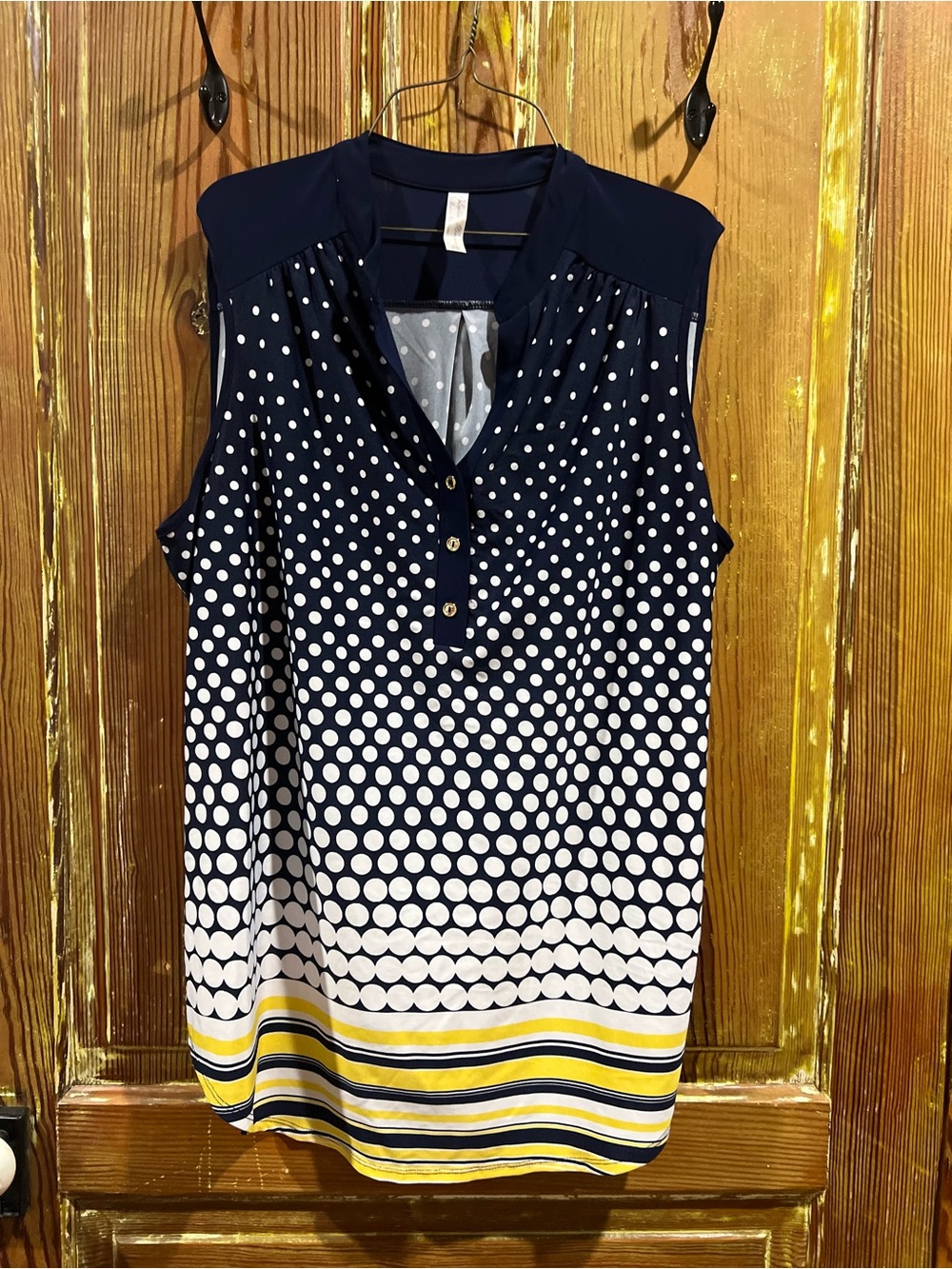 Perseption Navy Polka Dot Sleeveless Top with Yellow Stripe